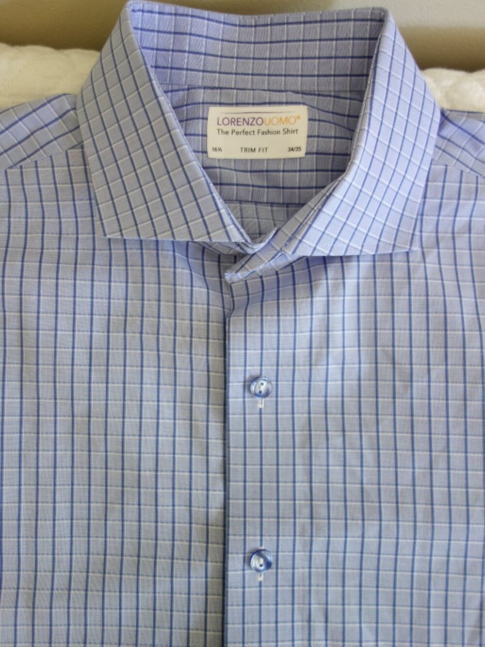 LORENZO UOMO Trim Fit Blue Check Long Sleeve Button Shirt – Mens 16-1/2  34/35